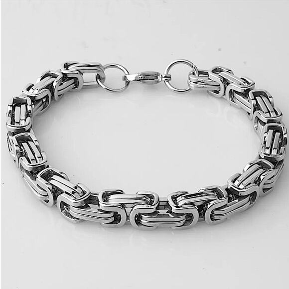 STAINLESS STEEL SILVER BYZANTINE MECHANIC SILVER BLACK BIKER BRACELET - Picture 6 of 7